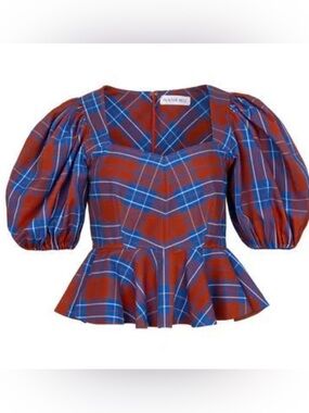 NEW! HUNTER BELL Red and Blue Plaid Puff-Sleeve Peplum Kaia Top